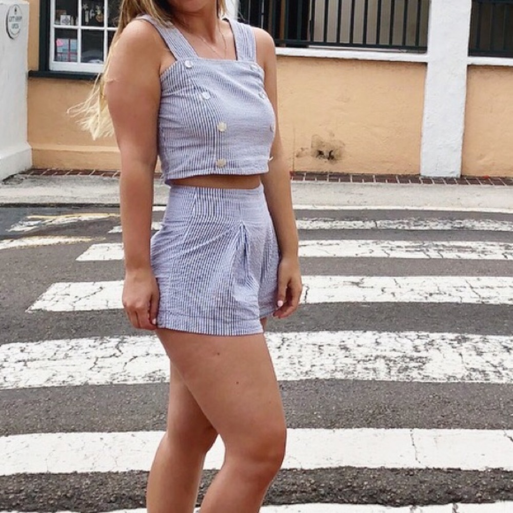 Two piece blue seersucker outfit